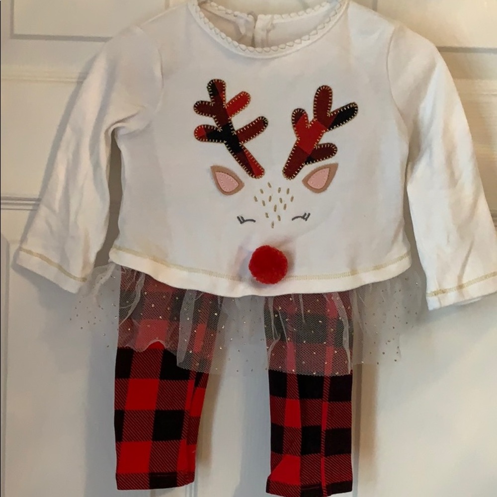 Reindeer top and plaid leggings